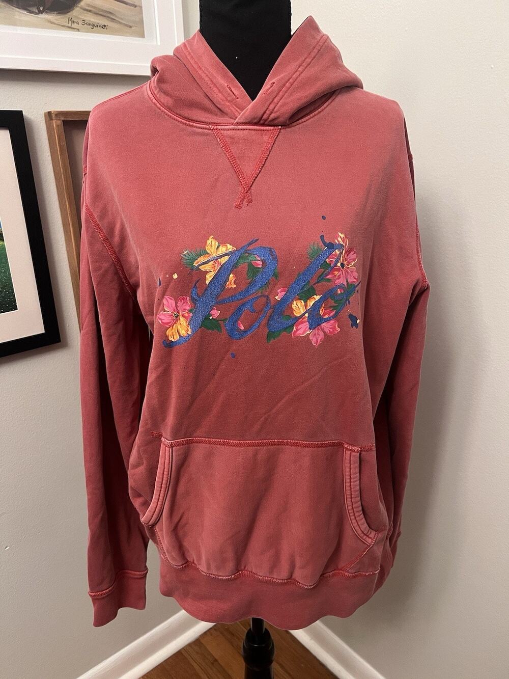 Polo Ralph Lauren RED PAINTED FLORAL SCRIPT LOGO Hoodie Sweatshirt Sz M